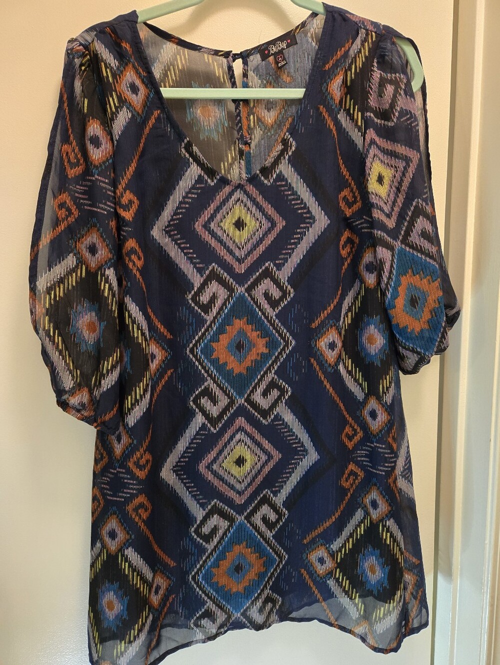 BeBop Blue Ikat Geometric Print Cold Shoulder Shift Dress Size M Medium Lined